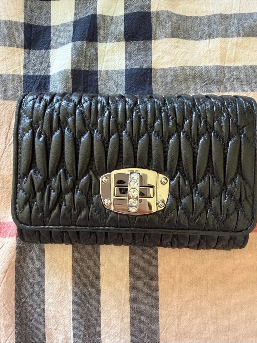 Miu Miu Black Matelassé Quilted Leather Clutch with Crystal Turn-Lock